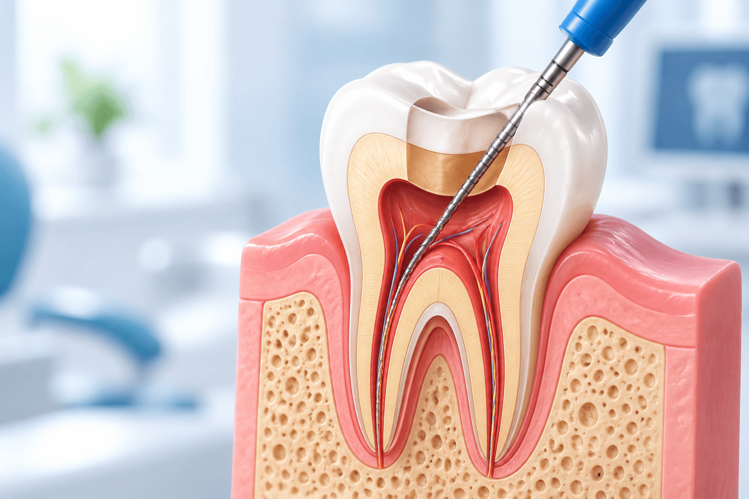 Tooth model showing root canal anatomy during treatment